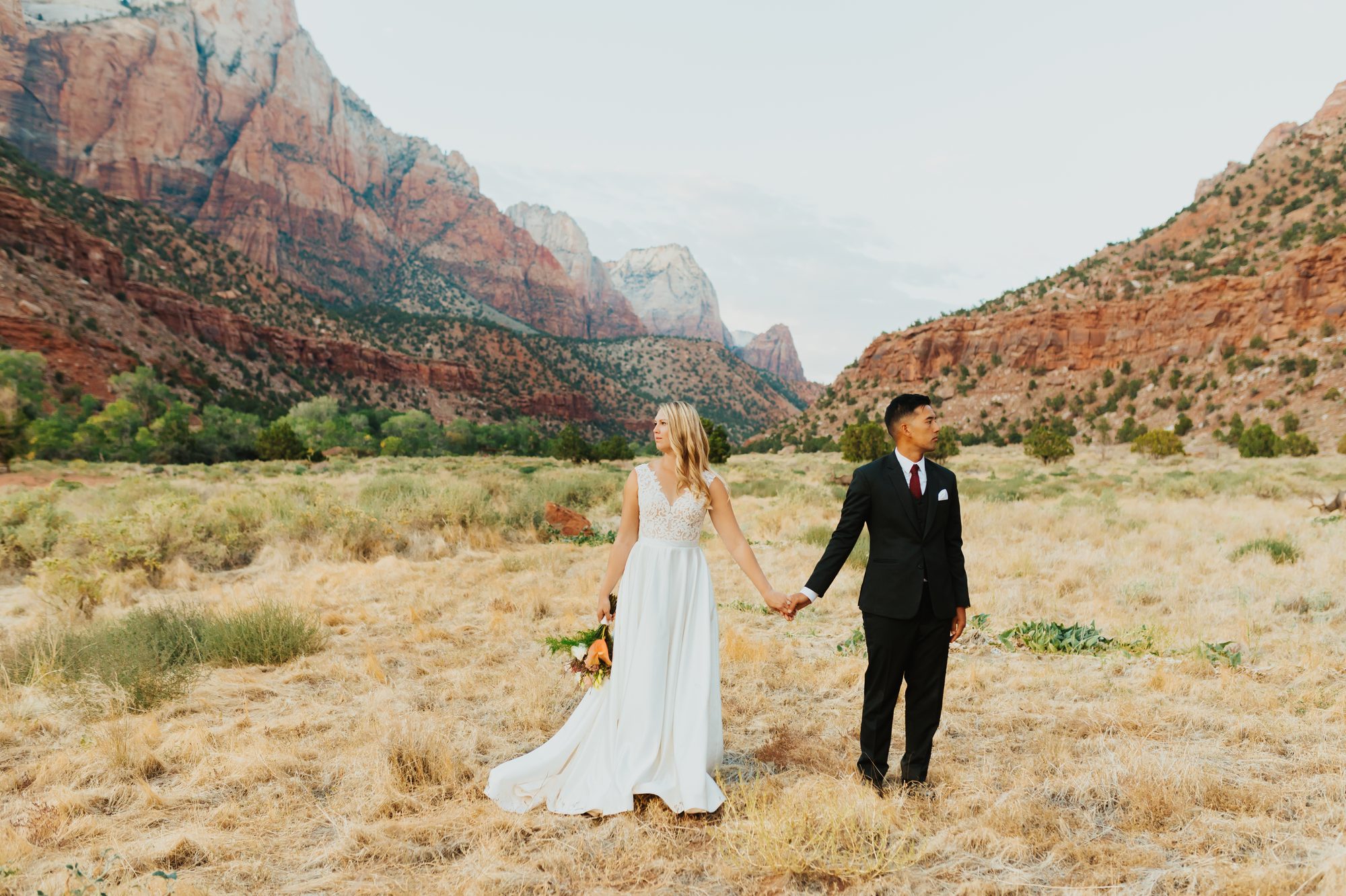 Golden hour Zion wedding portraits Kate and Manny